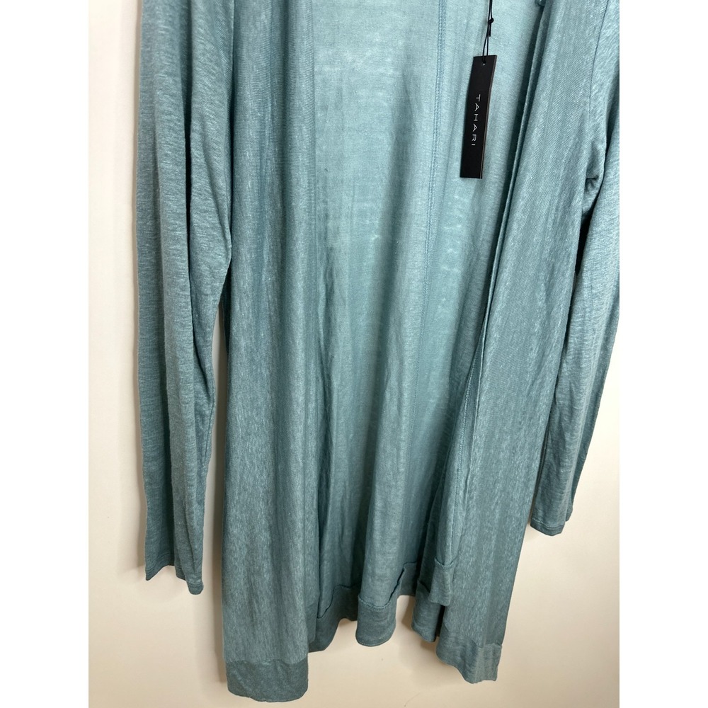 New Tahari 100% Linen Open Front Cardigan Dusty Teal Blue Longline Duster Medium - Picture 5 of 11